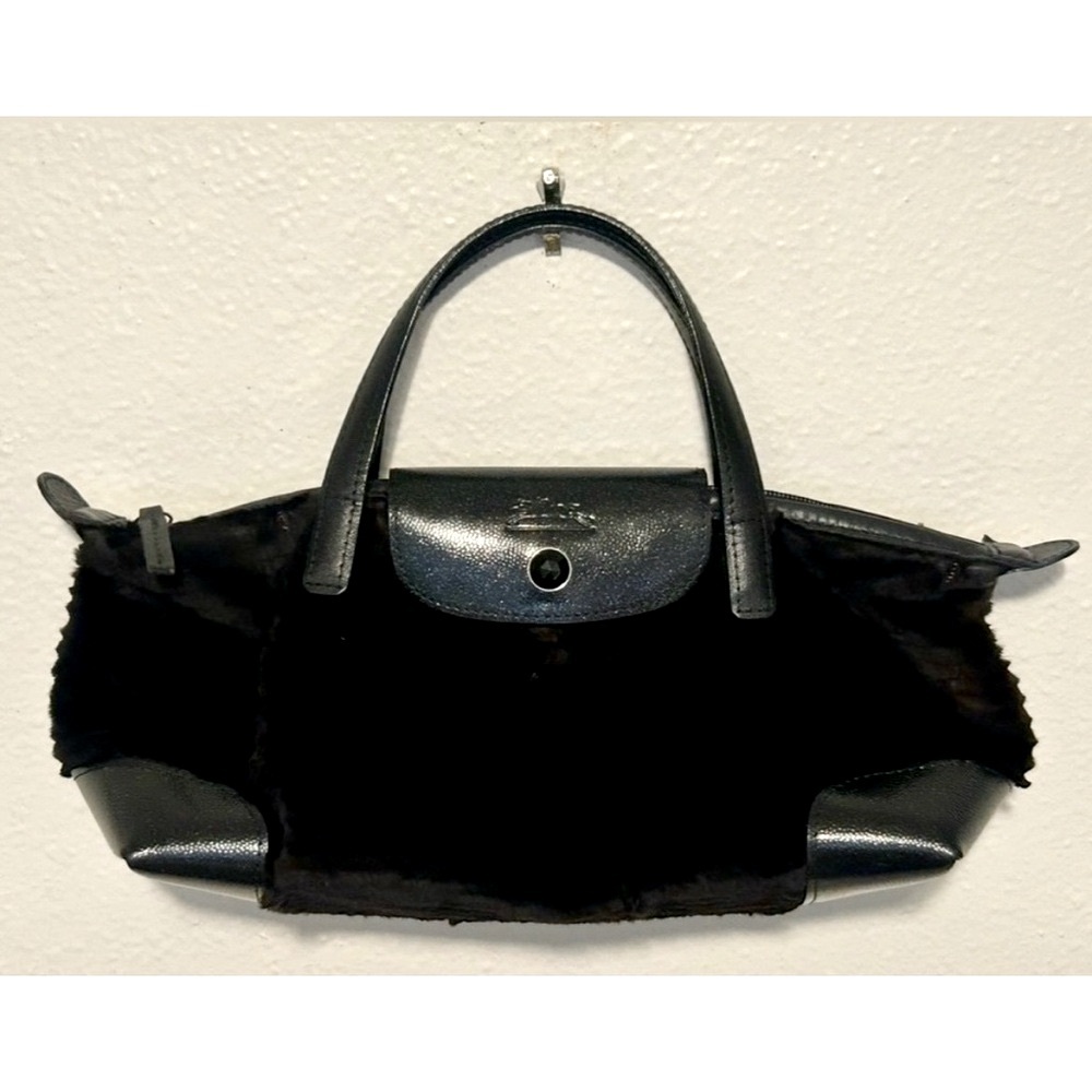 LONGCHAMP Fur & Leather Mini Handbag Brown Black RARE - Picture 2 of 16